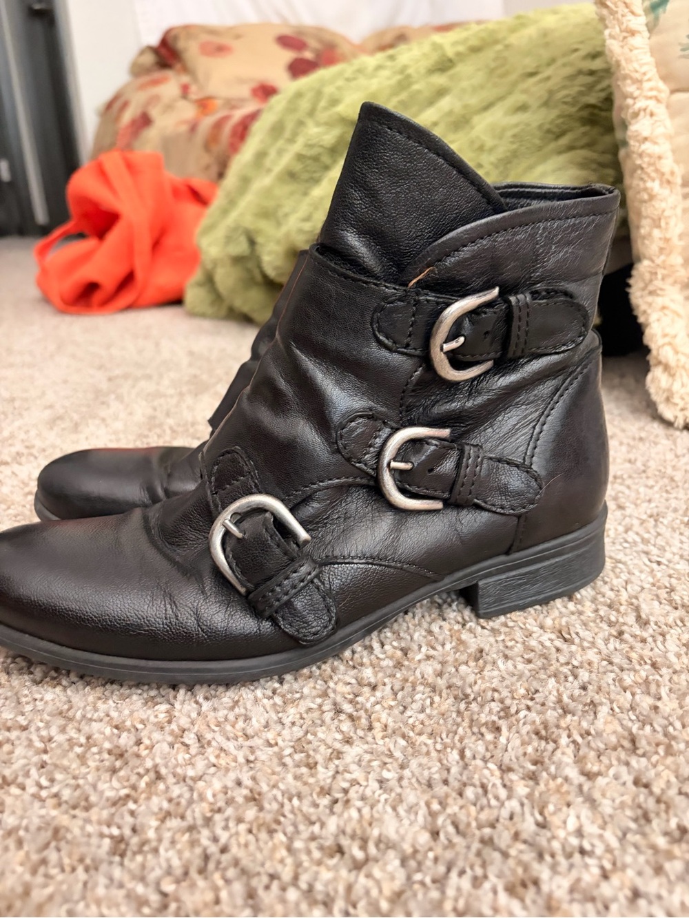 Women’s Black Leather Ankle Booties with Triple Buckle Accent